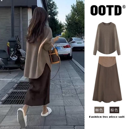 Maternity Long-Sleeve Crew Sweater, High-Rise Midi Skirt, and Strap Dress Set