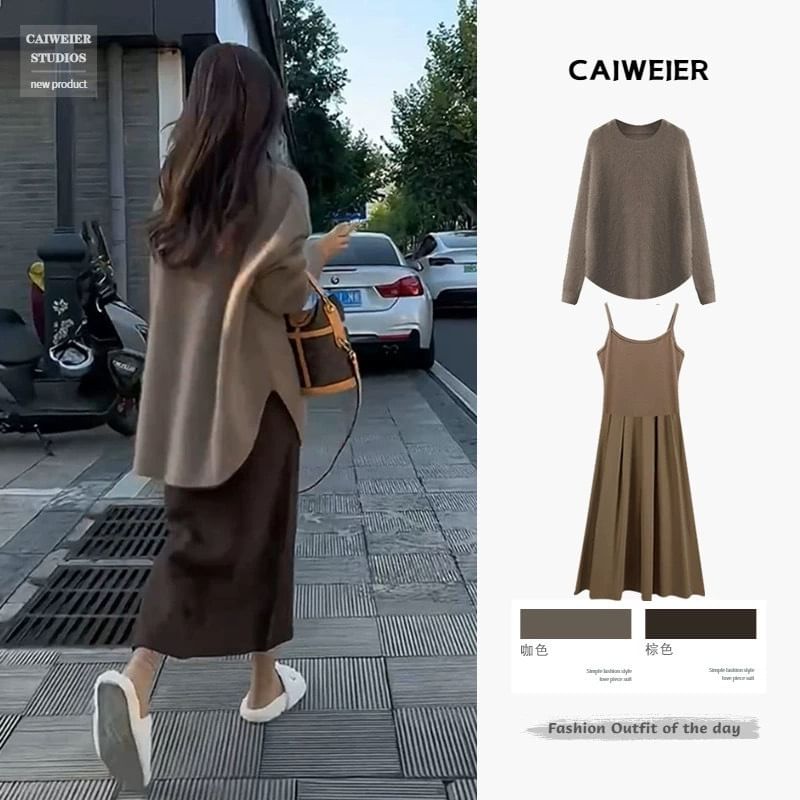 Maternity Long-Sleeve Crew Sweater, High-Rise Midi Skirt, and Strap Dress Set