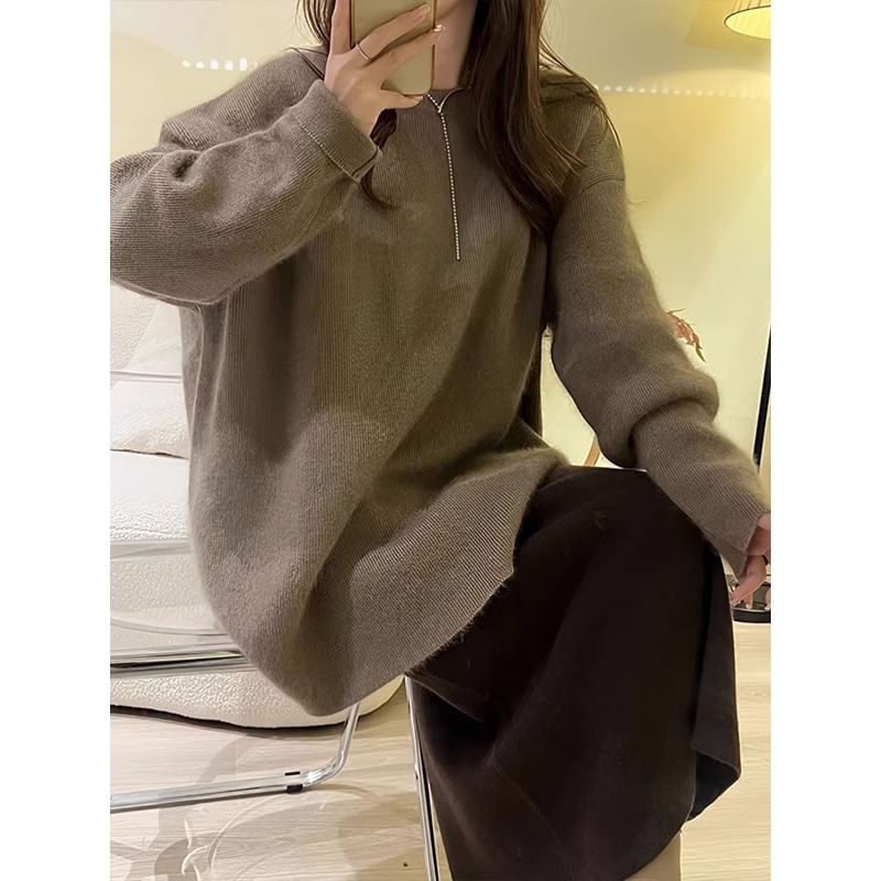 Maternity Long-Sleeve Crew Sweater, High-Rise Midi Skirt, and Strap Dress Set