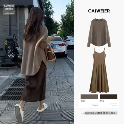 Maternity Long-Sleeve Crew Sweater, High-Rise Midi Skirt, and Strap Dress Set