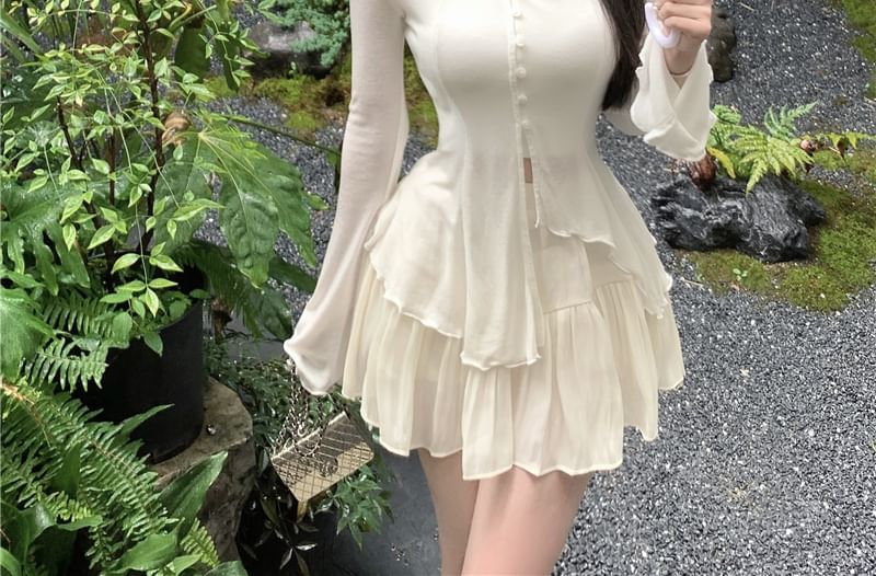 Flared-Sleeve Asymmetrical Tee, Cropped Camisole, and Mini A-Line Skirt