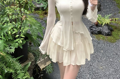 Flared-Sleeve Asymmetrical Tee, Cropped Camisole, and Mini A-Line Skirt