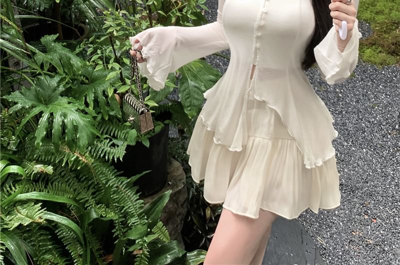 Flared-Sleeve Asymmetrical Tee, Cropped Camisole, and Mini A-Line Skirt