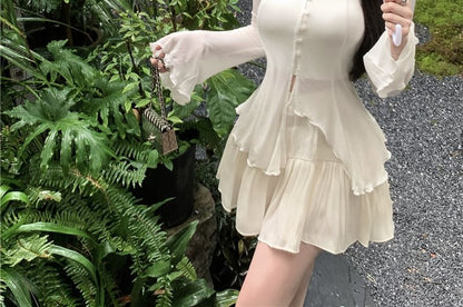 Flared-Sleeve Asymmetrical Tee, Cropped Camisole, and Mini A-Line Skirt