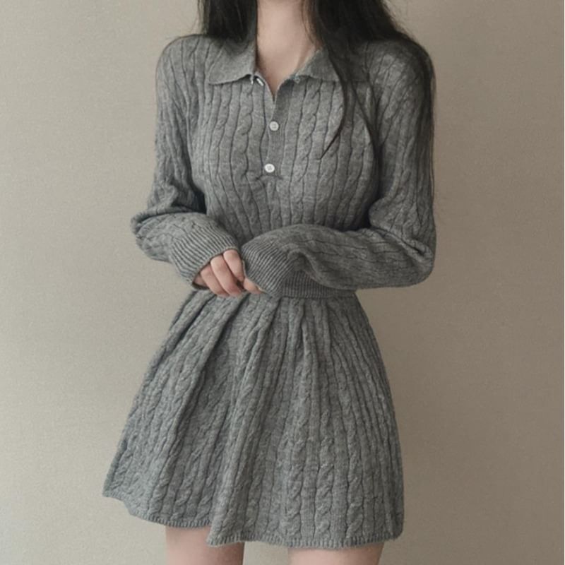 Cable Knit Polo Top and Mini A-Line Skirt Matching Set