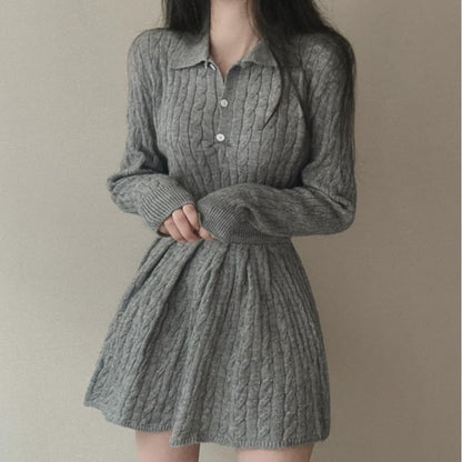 Cable Knit Polo Top and Mini A-Line Skirt Matching Set