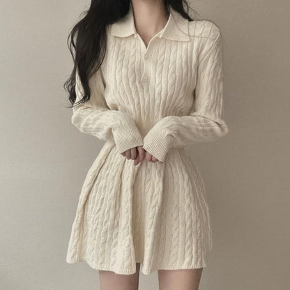 Cable Knit Polo Top and Mini A-Line Skirt Matching Set