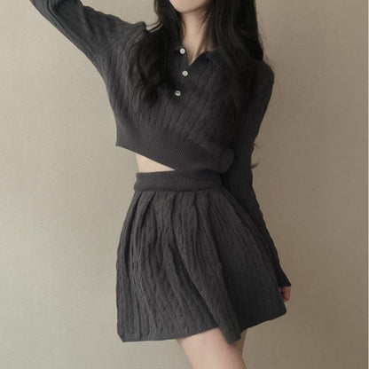 Cable Knit Polo Top and Mini A-Line Skirt Matching Set
