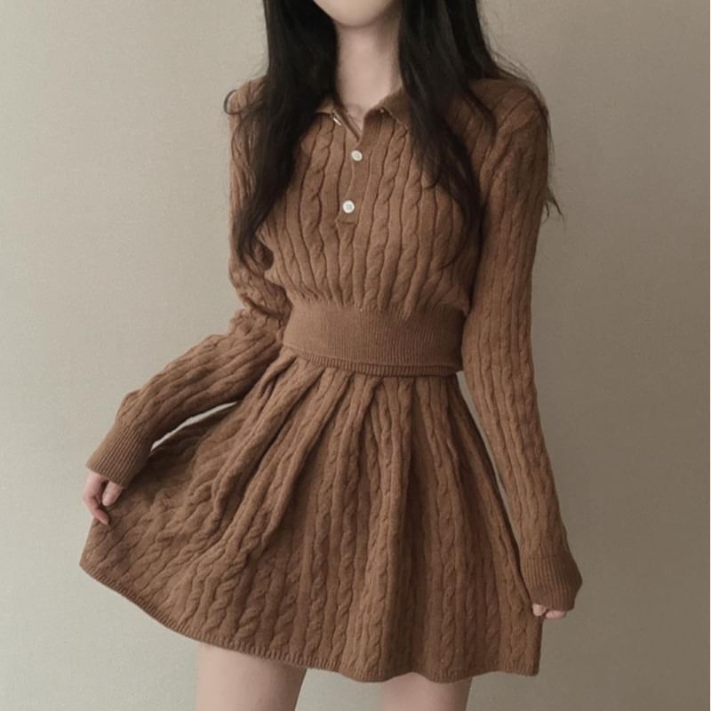 Cable Knit Polo Top and Mini A-Line Skirt Matching Set