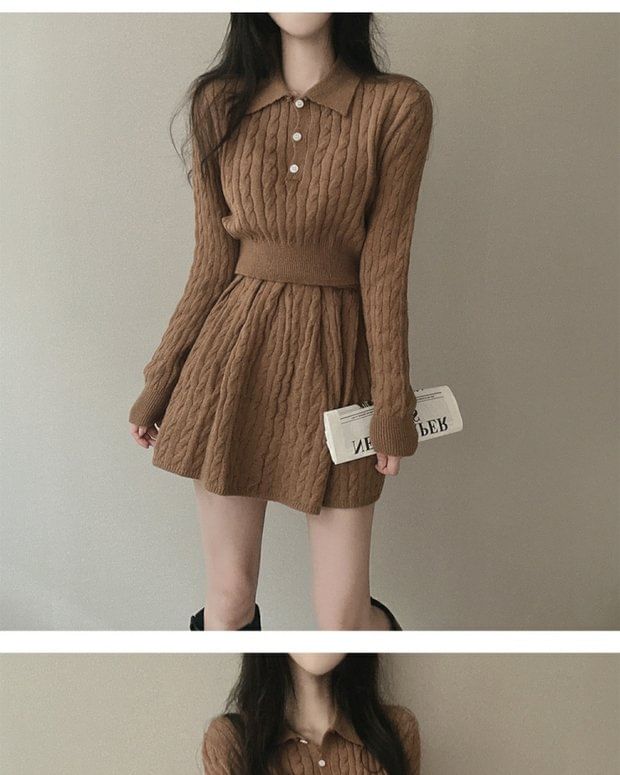 Cable Knit Polo Top and Mini A-Line Skirt Matching Set