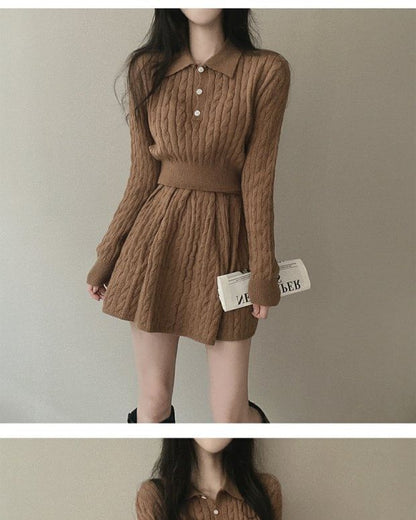 Cable Knit Polo Top and Mini A-Line Skirt Matching Set