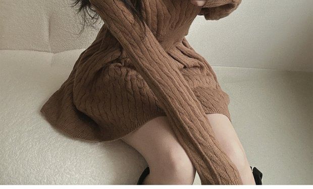 Cable Knit Polo Top and Mini A-Line Skirt Matching Set