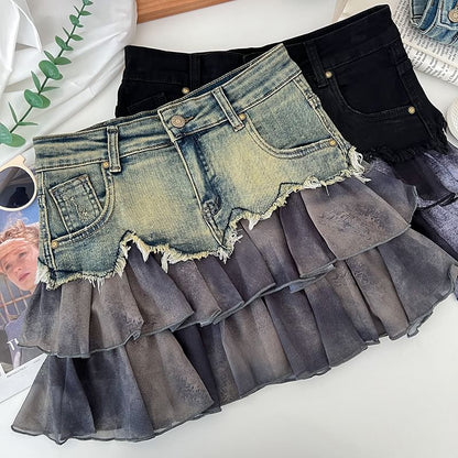 Tie Dye Ruffle Panel Frayed Mini A-Line Denim Skirt