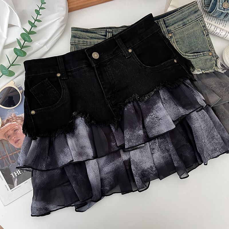 Tie Dye Ruffle Panel Frayed Mini A-Line Denim Skirt