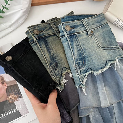 Tie Dye Ruffle Panel Frayed Mini A-Line Denim Skirt