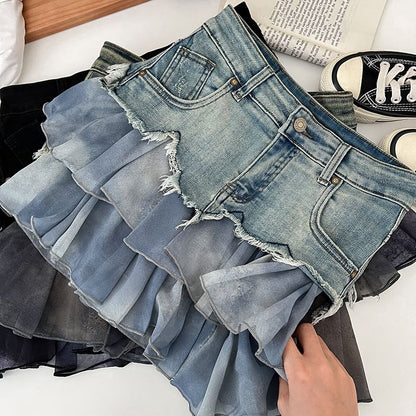 Tie Dye Ruffle Panel Frayed Mini A-Line Denim Skirt