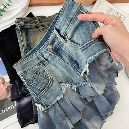 Tie Dye Ruffle Panel Frayed Mini A-Line Denim Skirt
