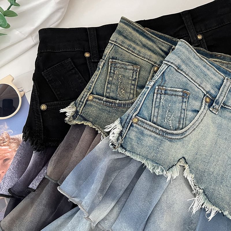 Tie Dye Ruffle Panel Frayed Mini A-Line Denim Skirt