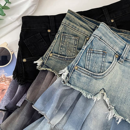 Tie Dye Ruffle Panel Frayed Mini A-Line Denim Skirt