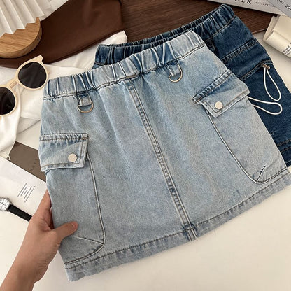 Drawstring Waist Washed Denim Mini Pencil Cargo Skirt