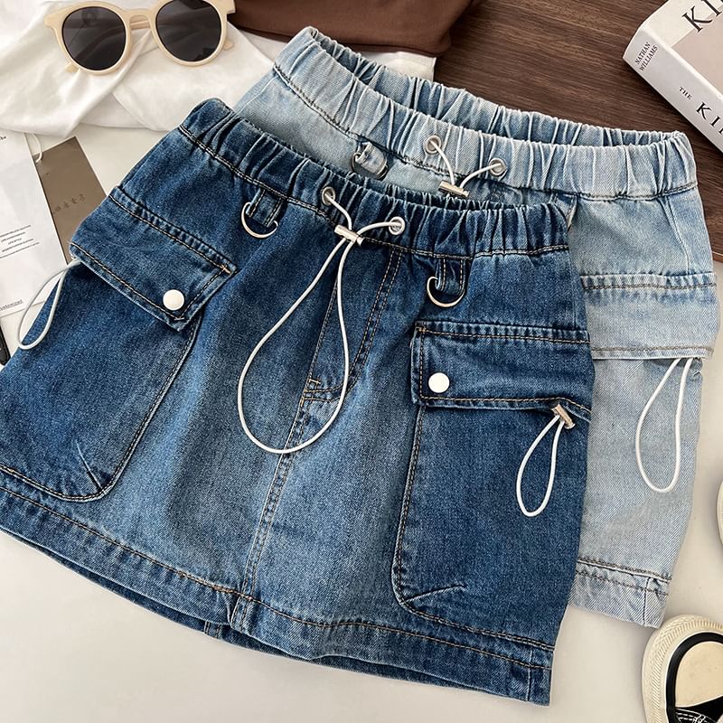 Drawstring Waist Washed Denim Mini Pencil Cargo Skirt