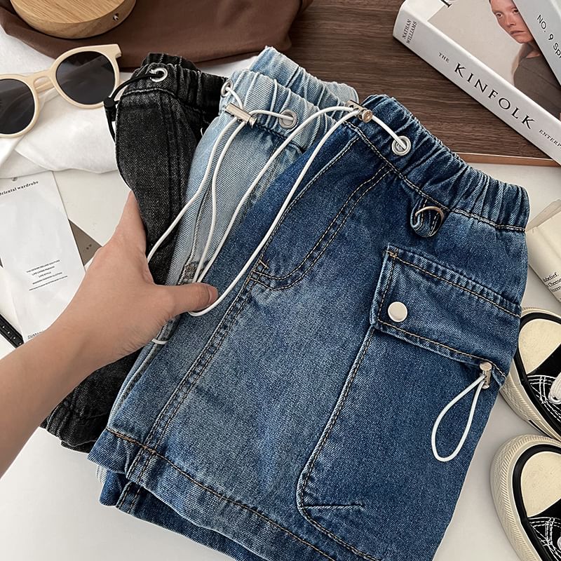 Drawstring Waist Washed Denim Mini Pencil Cargo Skirt