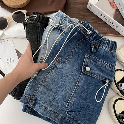 Drawstring Waist Washed Denim Mini Pencil Cargo Skirt