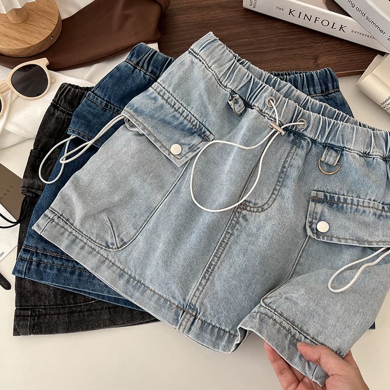 Drawstring Waist Washed Denim Mini Pencil Cargo Skirt
