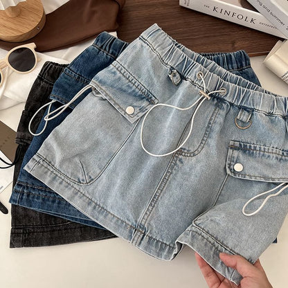 Drawstring Waist Washed Denim Mini Pencil Cargo Skirt