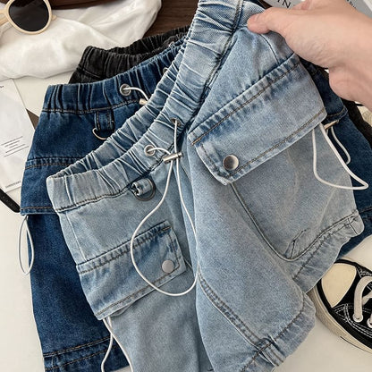 Drawstring Waist Washed Denim Mini Pencil Cargo Skirt