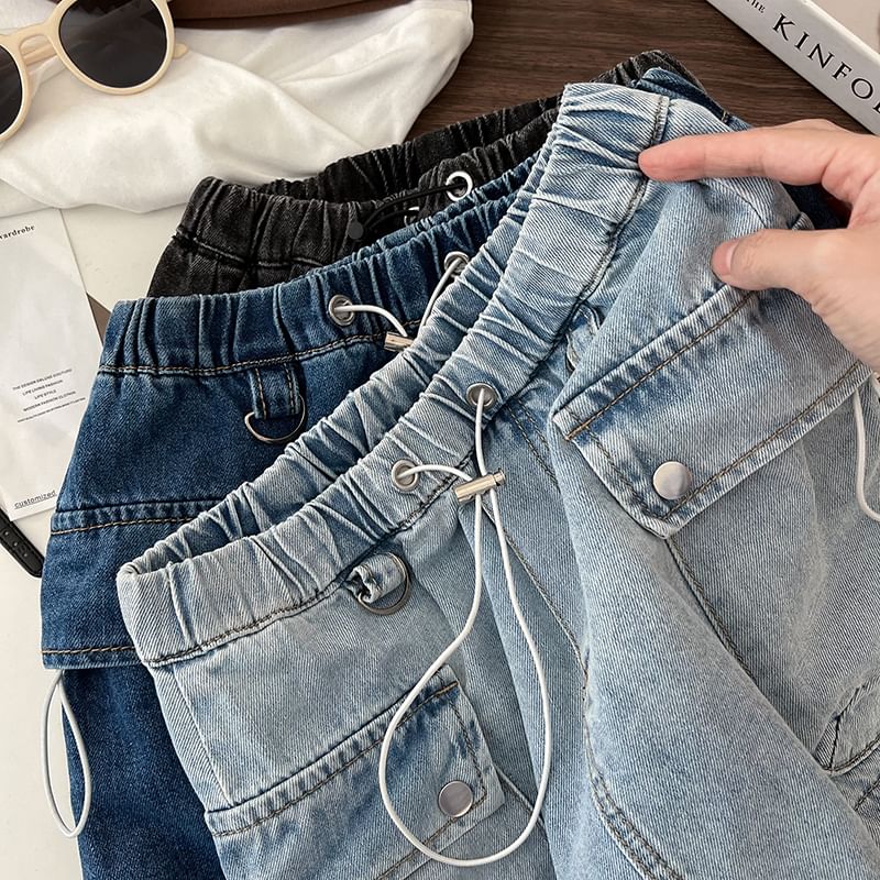 Drawstring Waist Washed Denim Mini Pencil Cargo Skirt