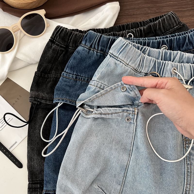 Drawstring Waist Washed Denim Mini Pencil Cargo Skirt