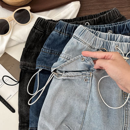Drawstring Waist Washed Denim Mini Pencil Cargo Skirt