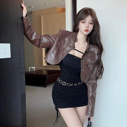 Faux Leather Crop Jacket & Drawstring Mini Bodycon Dress Set