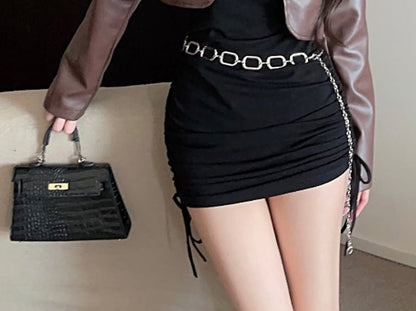 Faux Leather Crop Jacket & Drawstring Mini Bodycon Dress Set