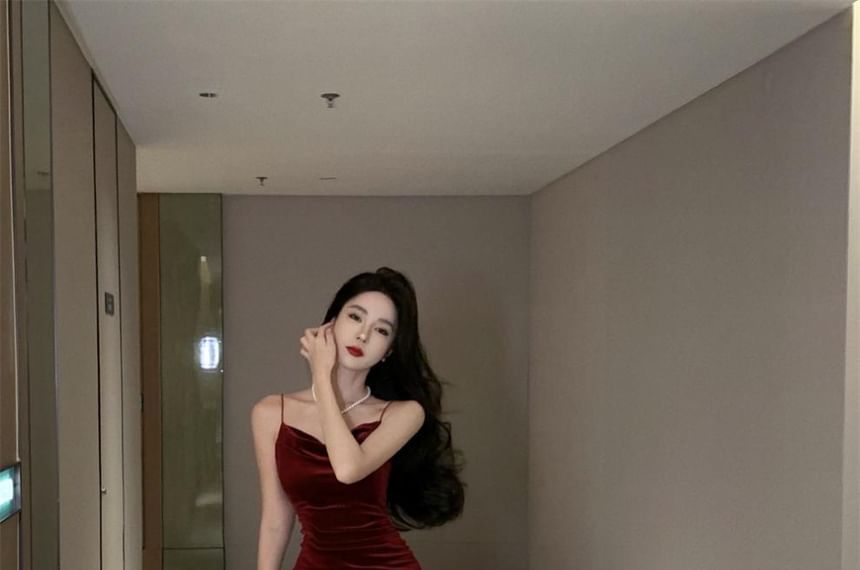 Cowl Neck Slit Mermaid Midi Dress