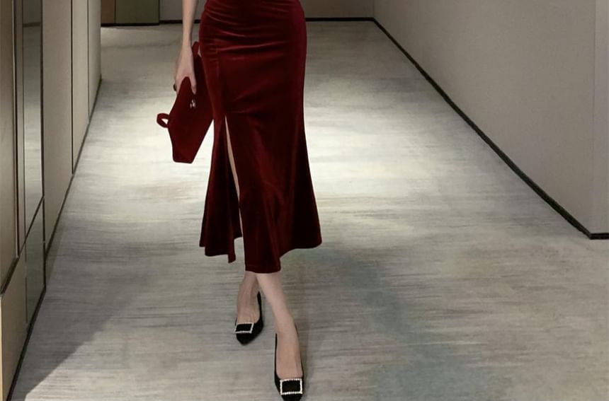 Cowl Neck Slit Mermaid Midi Dress