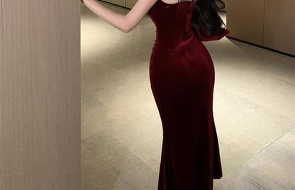 Cowl Neck Slit Mermaid Midi Dress