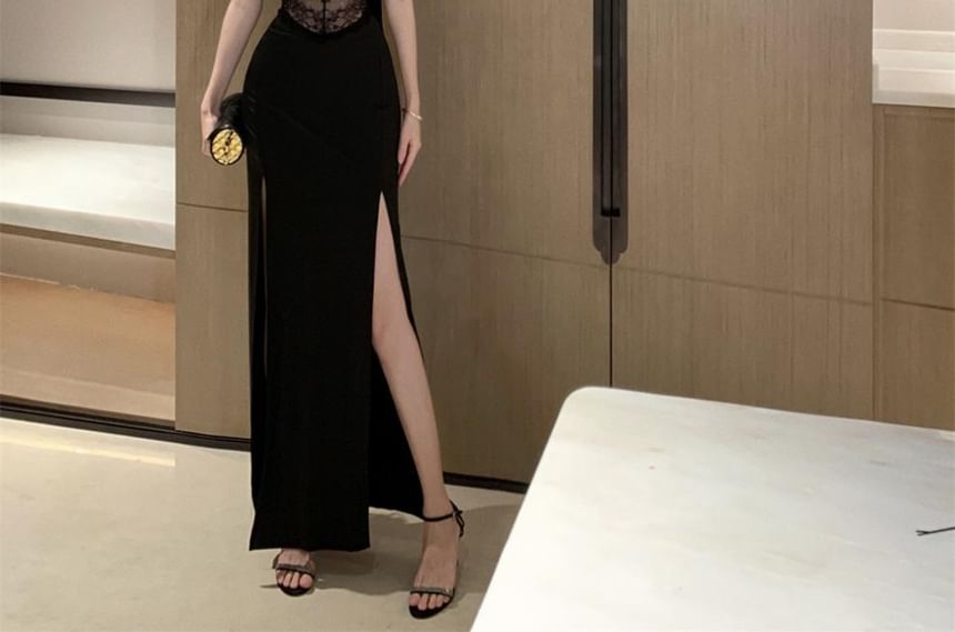 Lace Panel Slit Sheath Maxi Dress