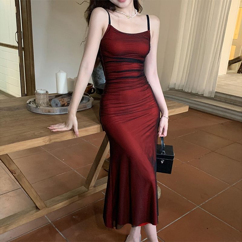 Ruched Open Back Mesh Mermaid Midi Dress
