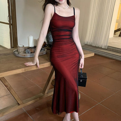 Ruched Open Back Mesh Mermaid Midi Dress
