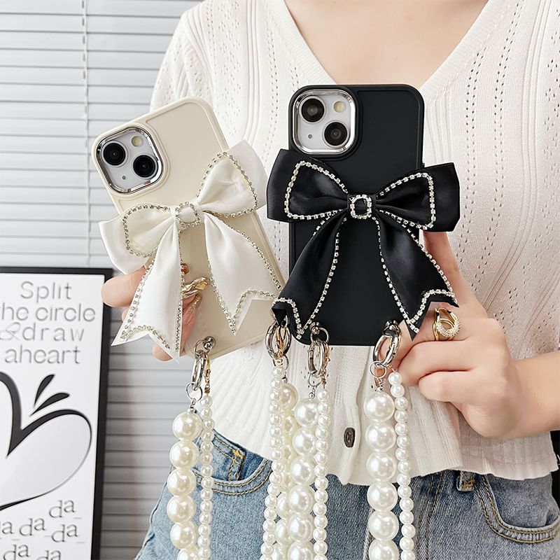 Phone Bow Faux Case Lanyard Pearl