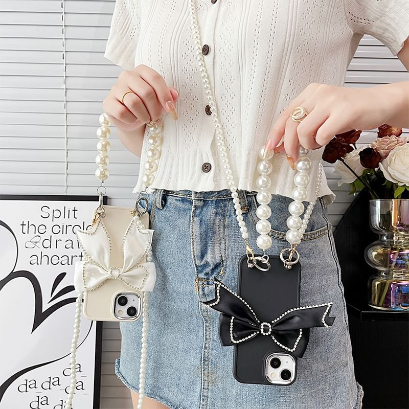 Phone Bow Faux Case Lanyard Pearl