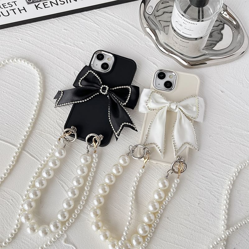 Phone Bow Faux Case Lanyard Pearl