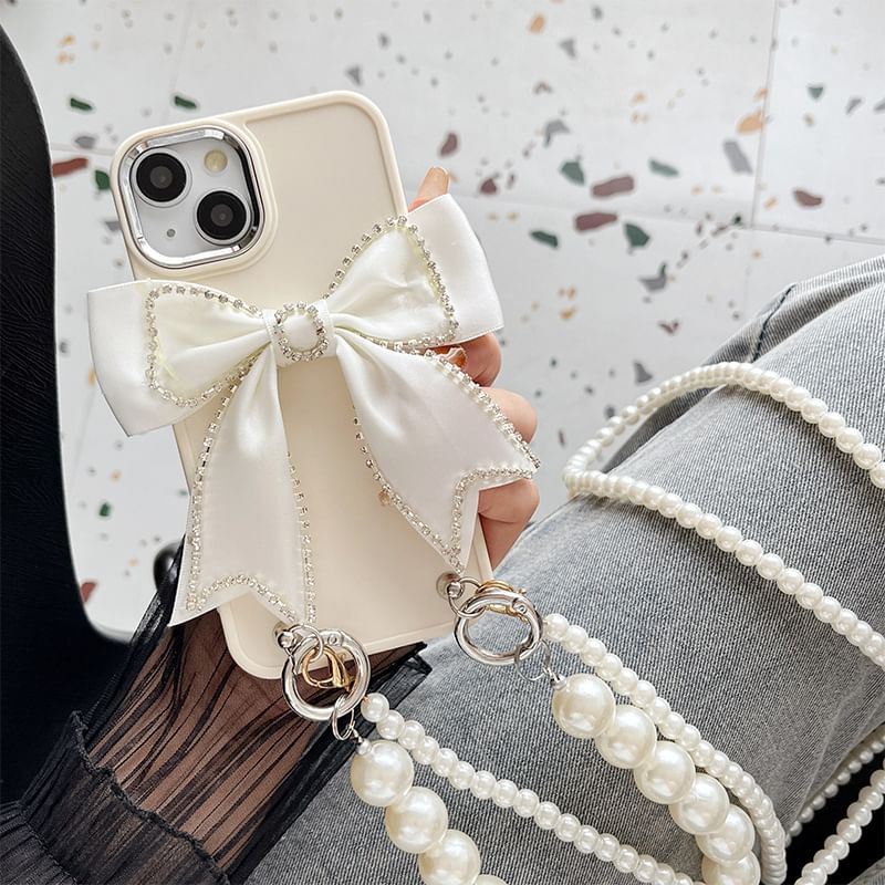 Phone Bow Faux Case Lanyard Pearl