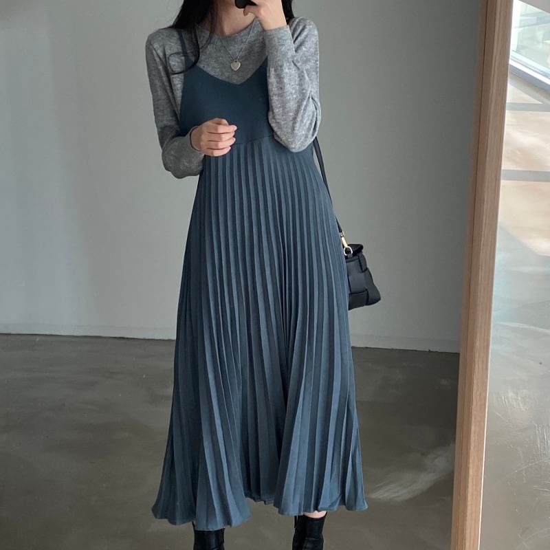 Pleated V-Neck A-Line Midi Dress