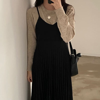 Pleated V-Neck A-Line Midi Dress
