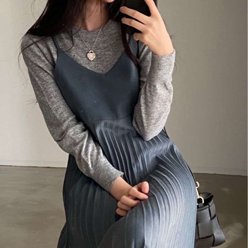 Pleated V-Neck A-Line Midi Dress