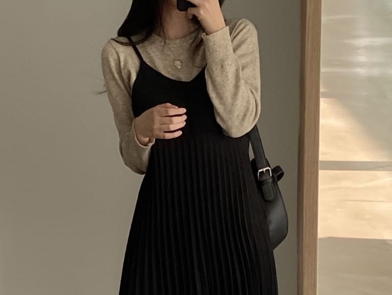 Pleated V-Neck A-Line Midi Dress