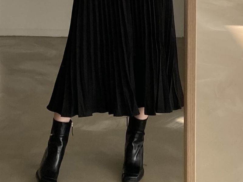Pleated V-Neck A-Line Midi Dress